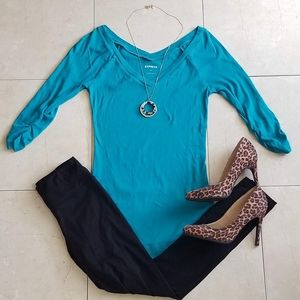 Express V Neck Turquoise Tunic with  Ruched Sleeves